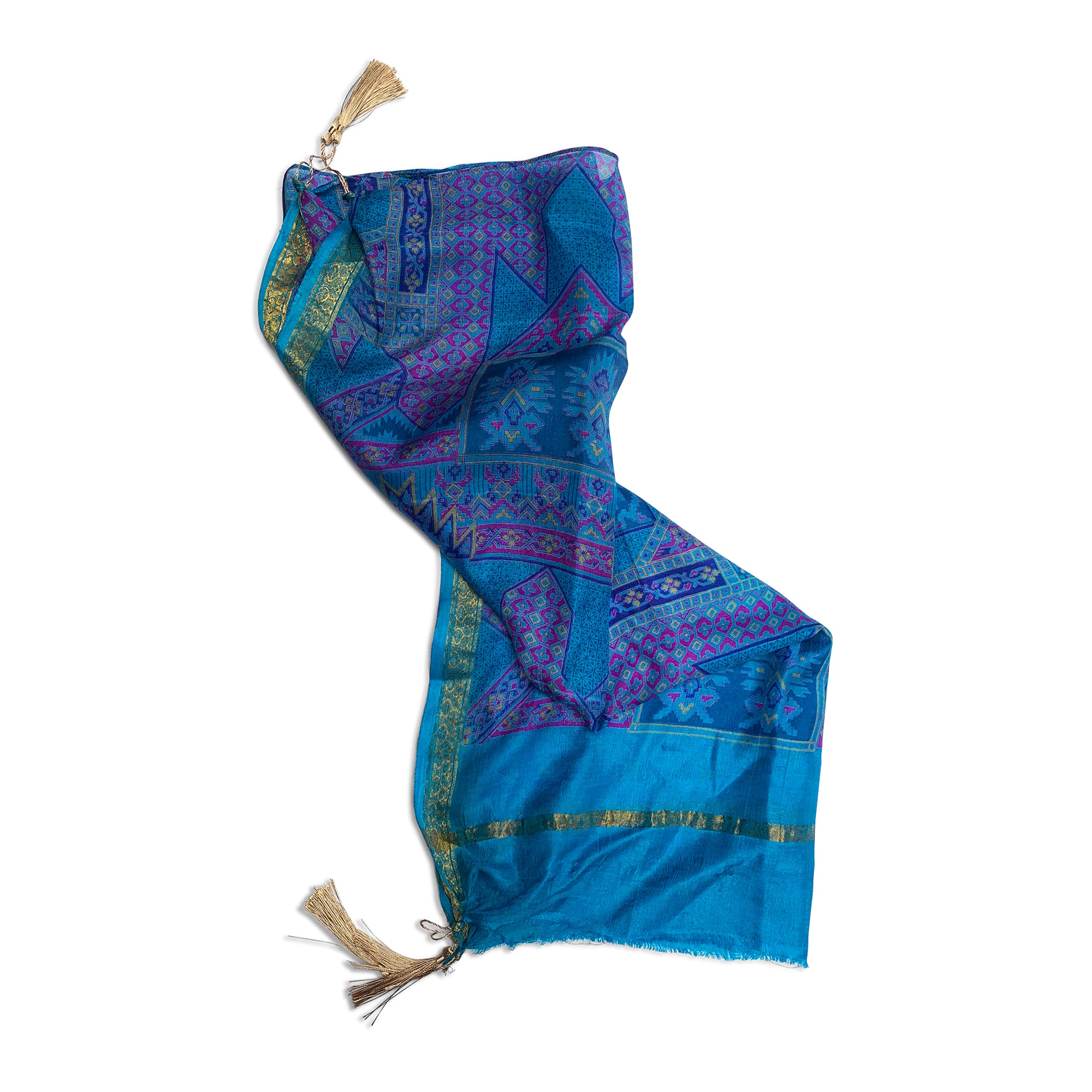 topaz blue printed vintage silk sari