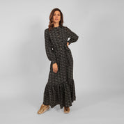 Nettie wears style Ilu long sleeve maxi shirt dress in celestial sunrise