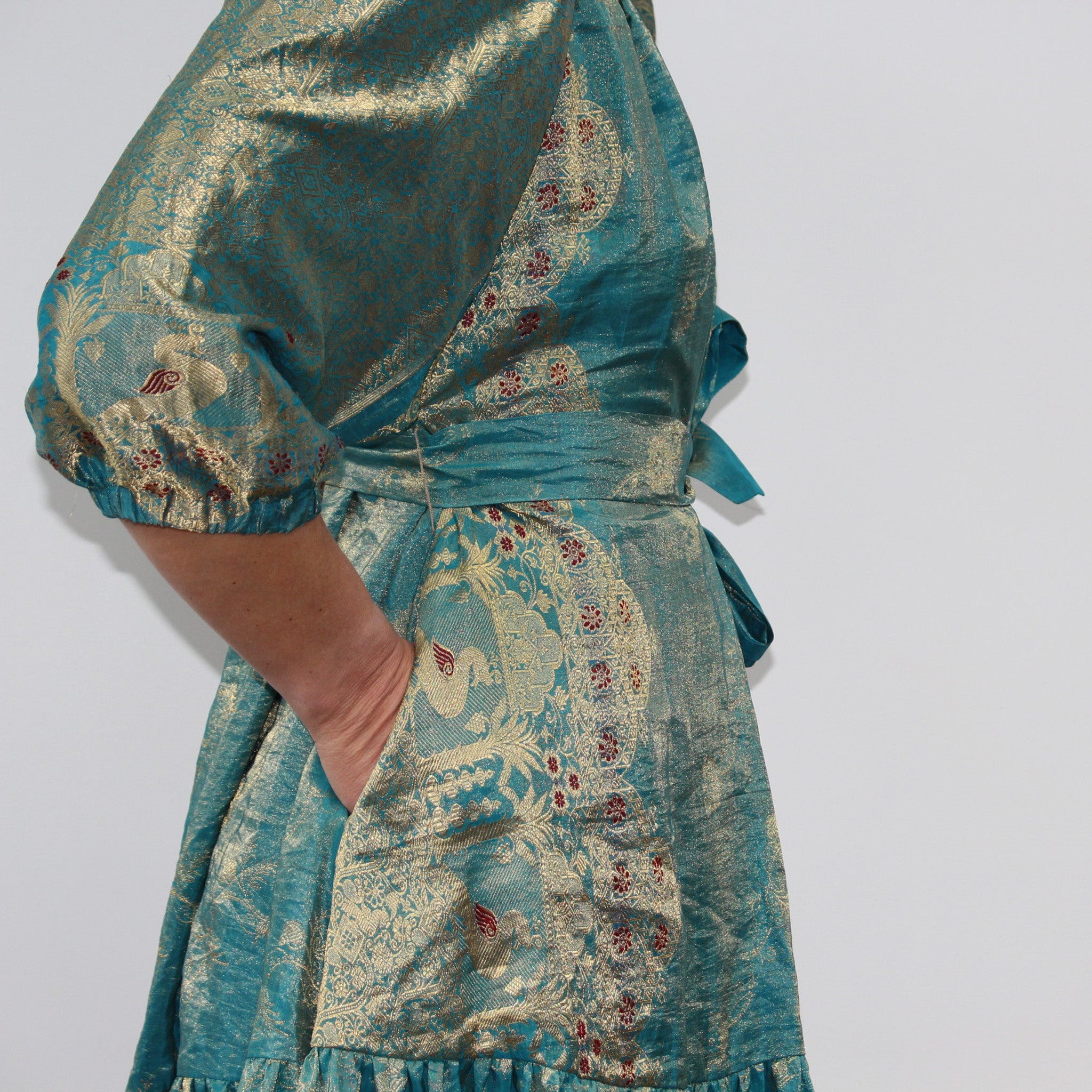Ausus - Vintage Silk Sari Aquamarine Blue Maxi Dress close