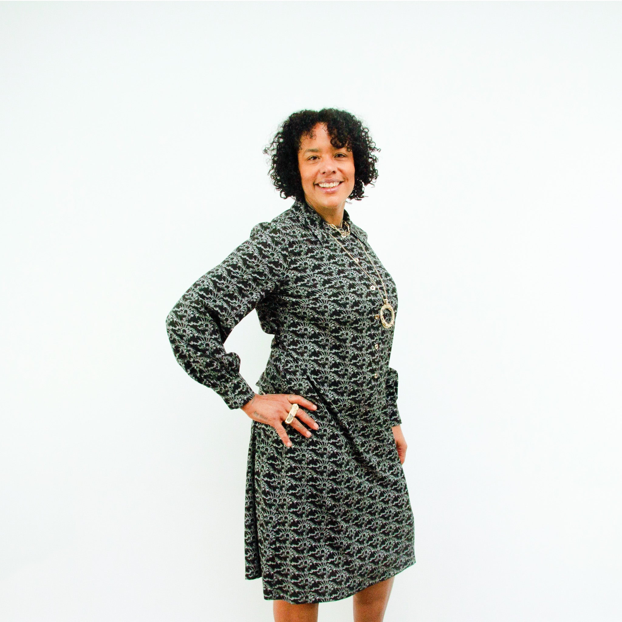 Elama Monochrome Linear Print Long Sleeve Shirt Dress