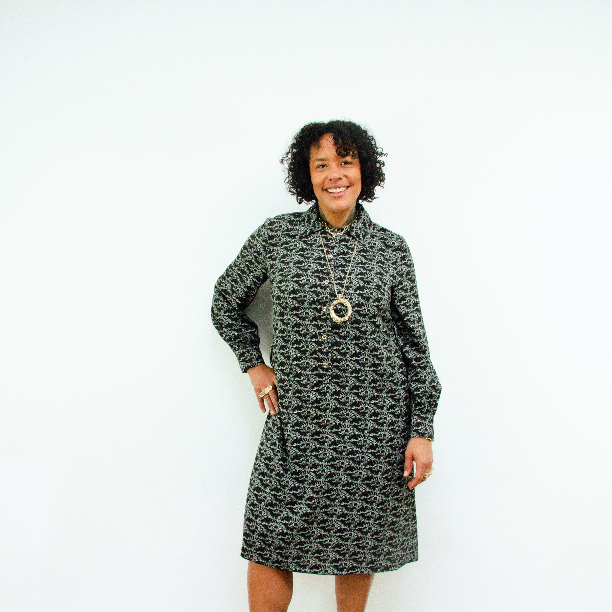 Elama Monochrome Linear Print Long Sleeve Shirt Dress