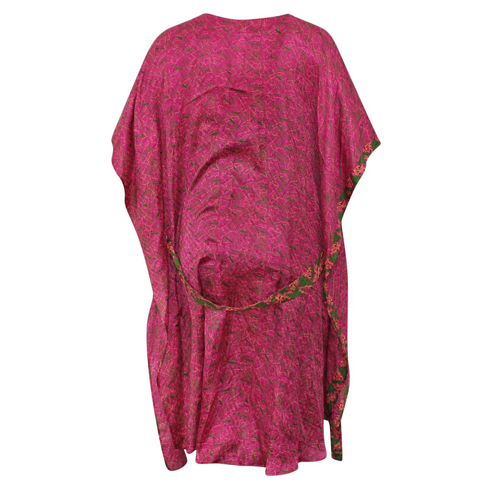 Neem - Vintage Silk Sari Pink Peppercorn Geo Print Kimono Style Wrap Dress flat shot back 
