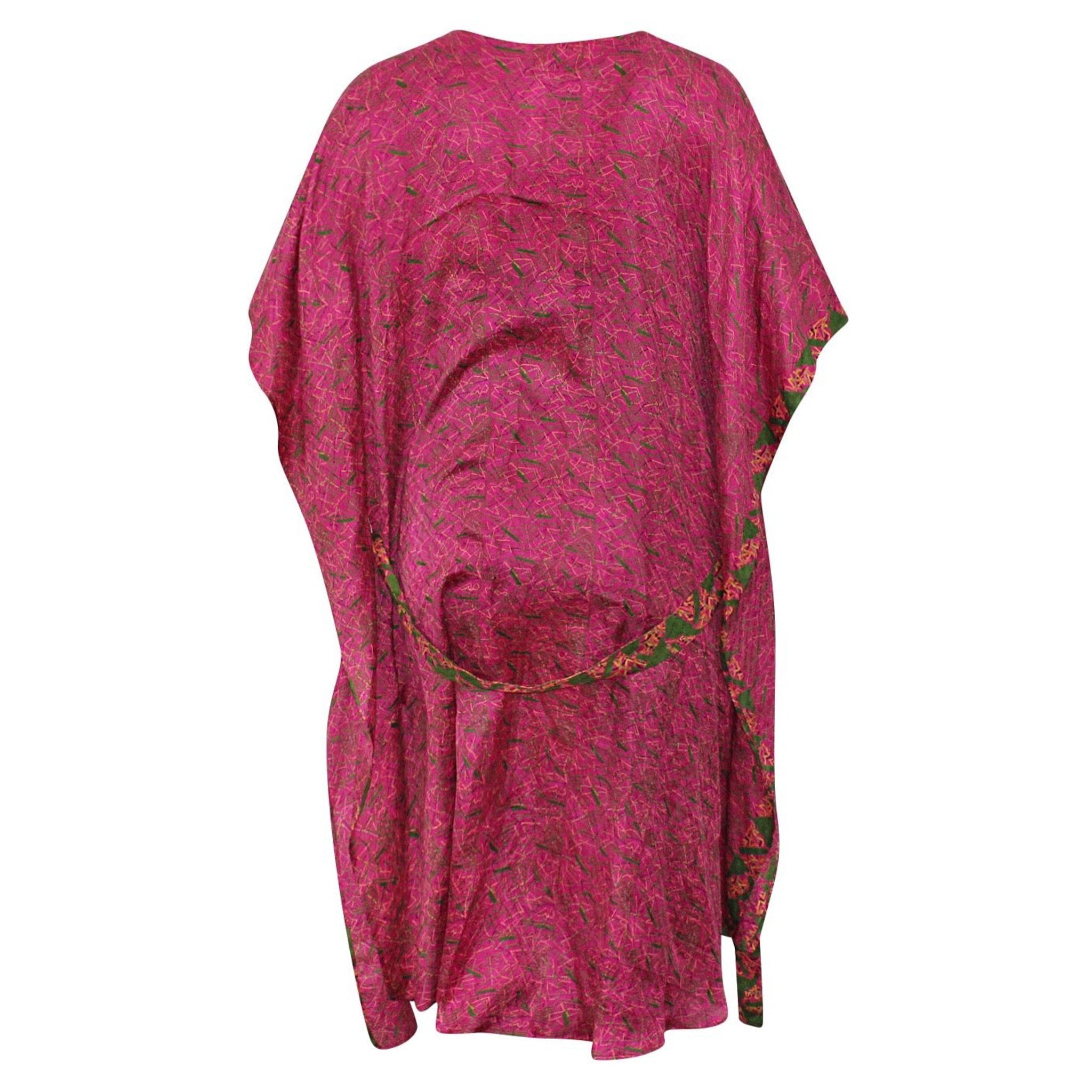 Neem - Vintage Silk Sari Pink Peppercorn Geo Print Kimono Style Wrap Dress flat shot back