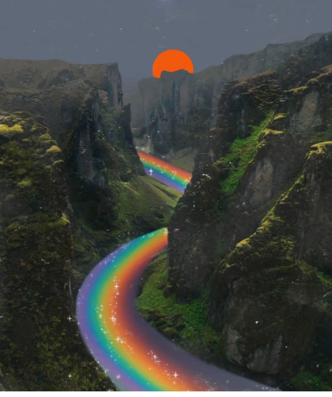 a rainbow river going through the mountains with a red sun