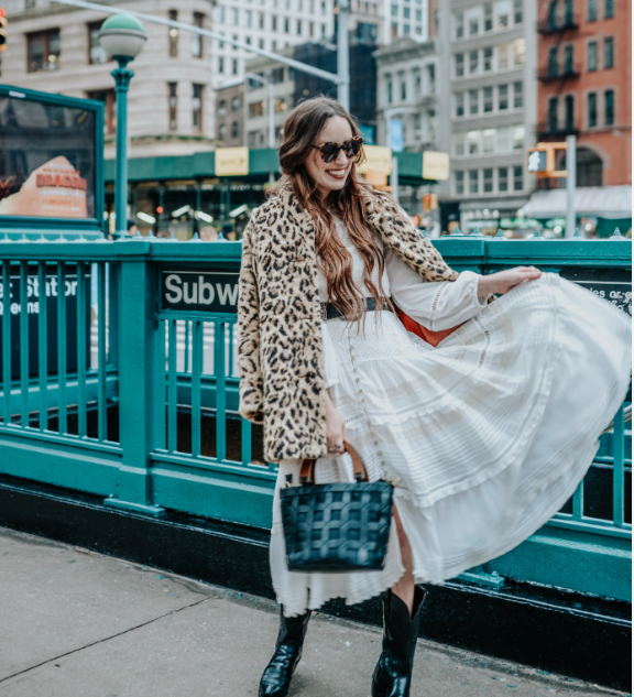 New York fashion week street shot of woman in a layers maxi dress and leopard print coat