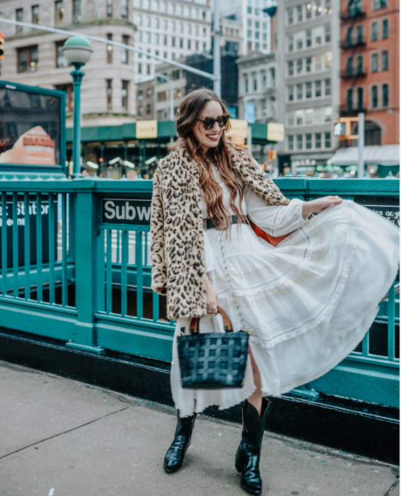 New York fashion week street shot of woman in a layers maxi dress and leopard print coat