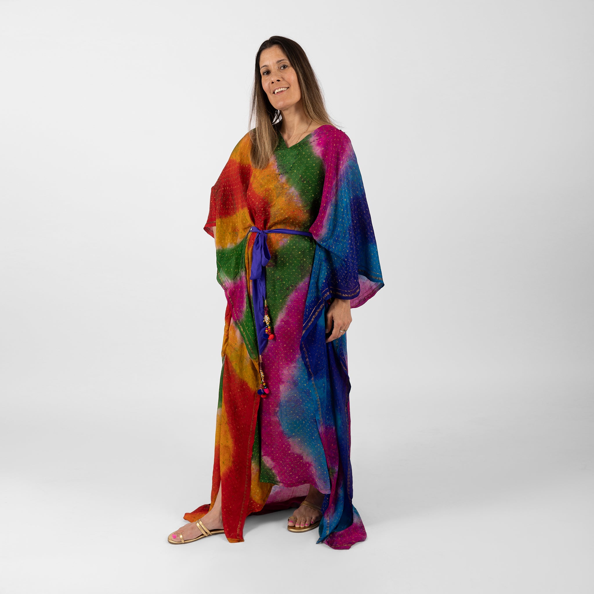 Sarab Vintage Silk Sari Kaftan Rainbow Stripe