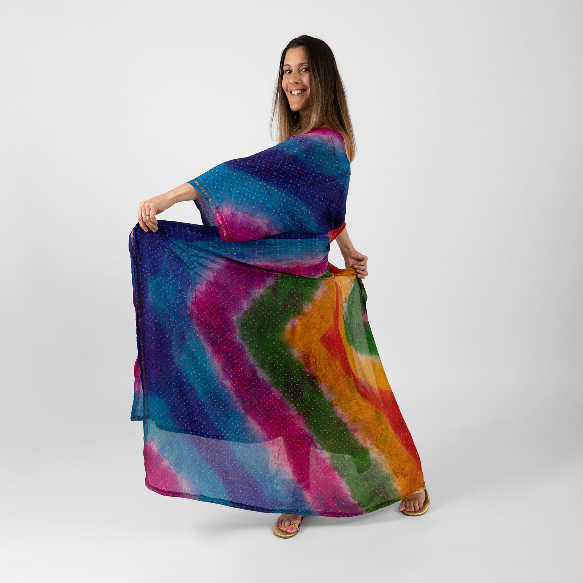 Sarab Vintage Silk Sari Kaftan Rainbow Stripe
