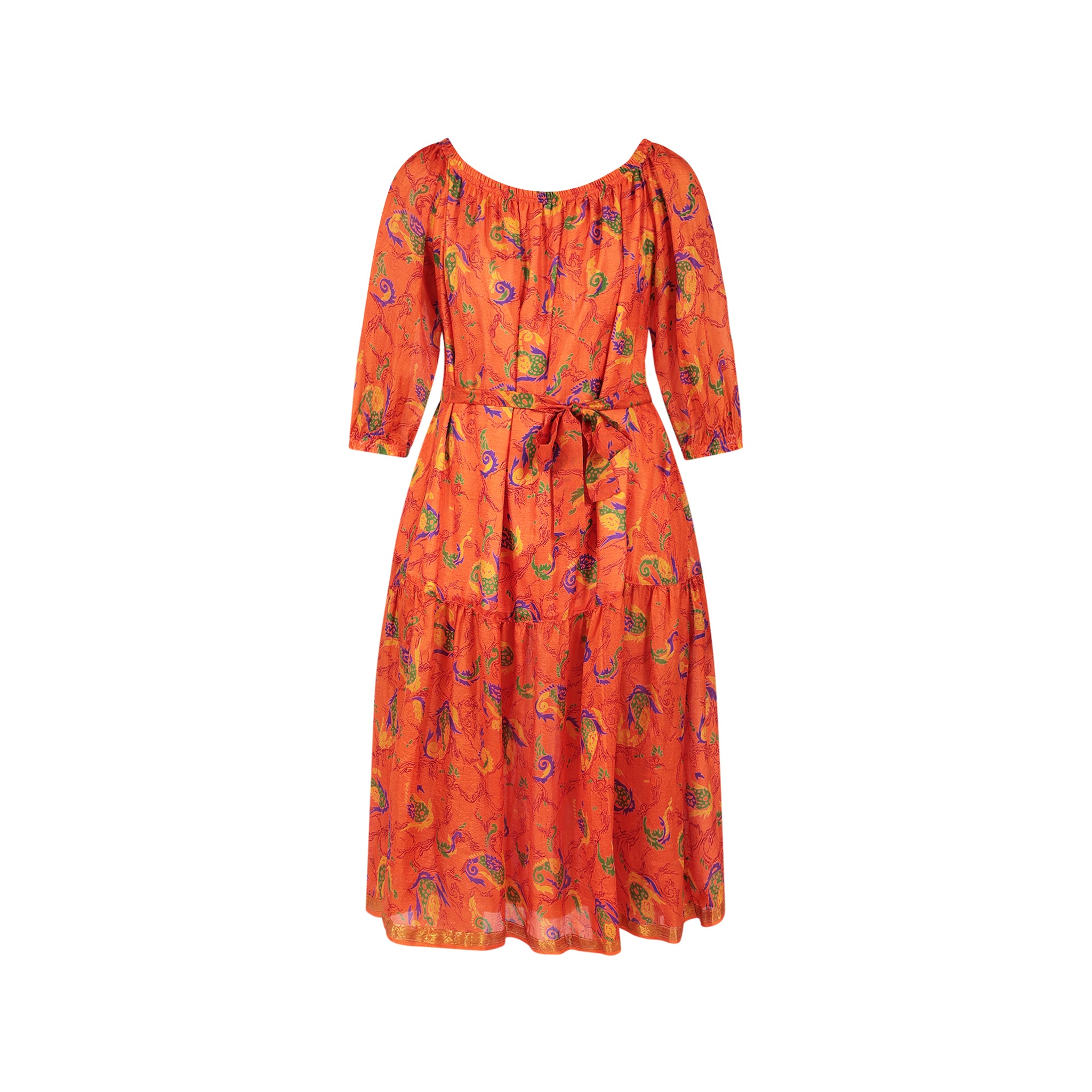 Ausus - Vintage Silk Sari Spritz Orange Abstract Floral Print Maxi Dress invisible mannequin