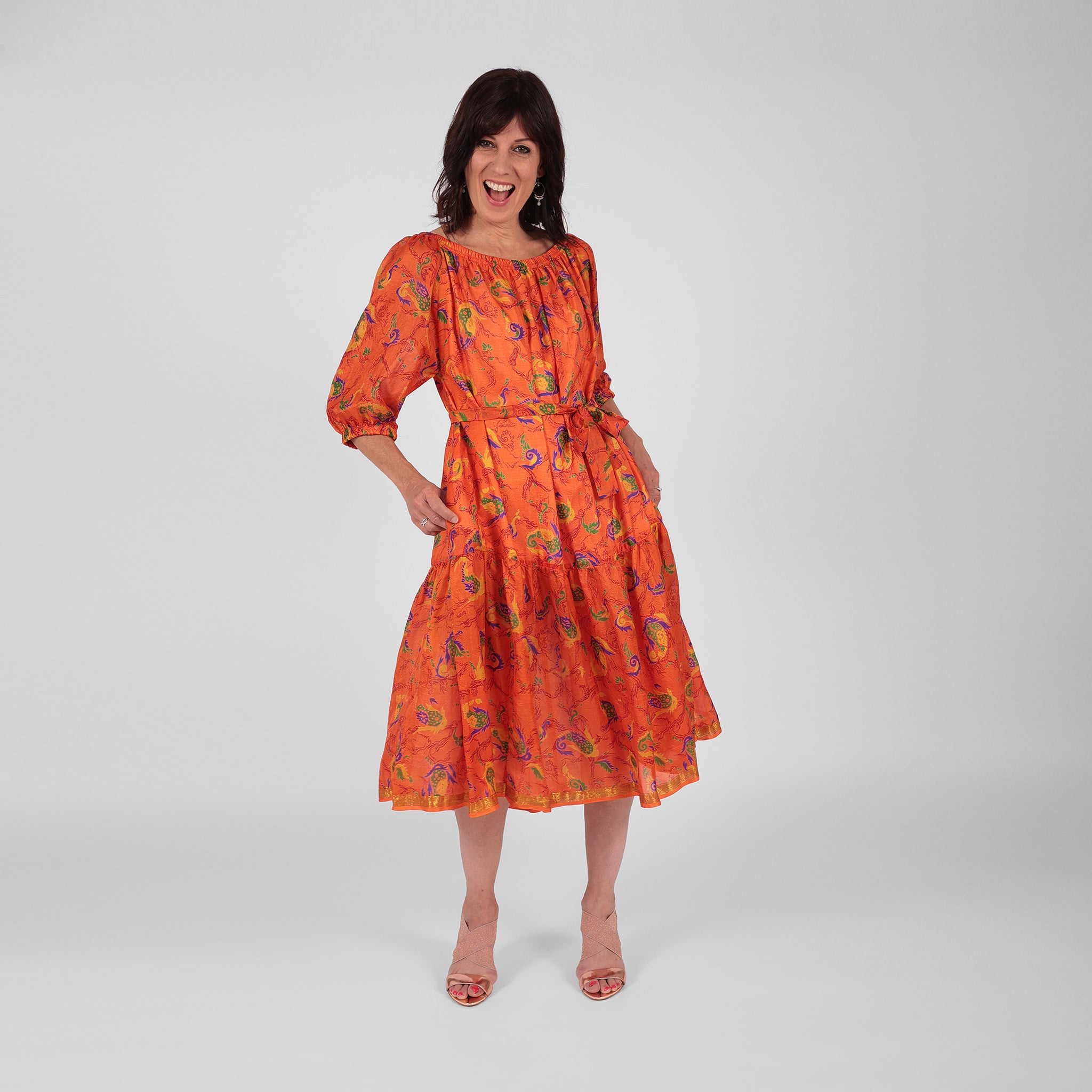 Ausus - Vintage Silk Sari Spritz Orange Abstract Floral Print Maxi Dress