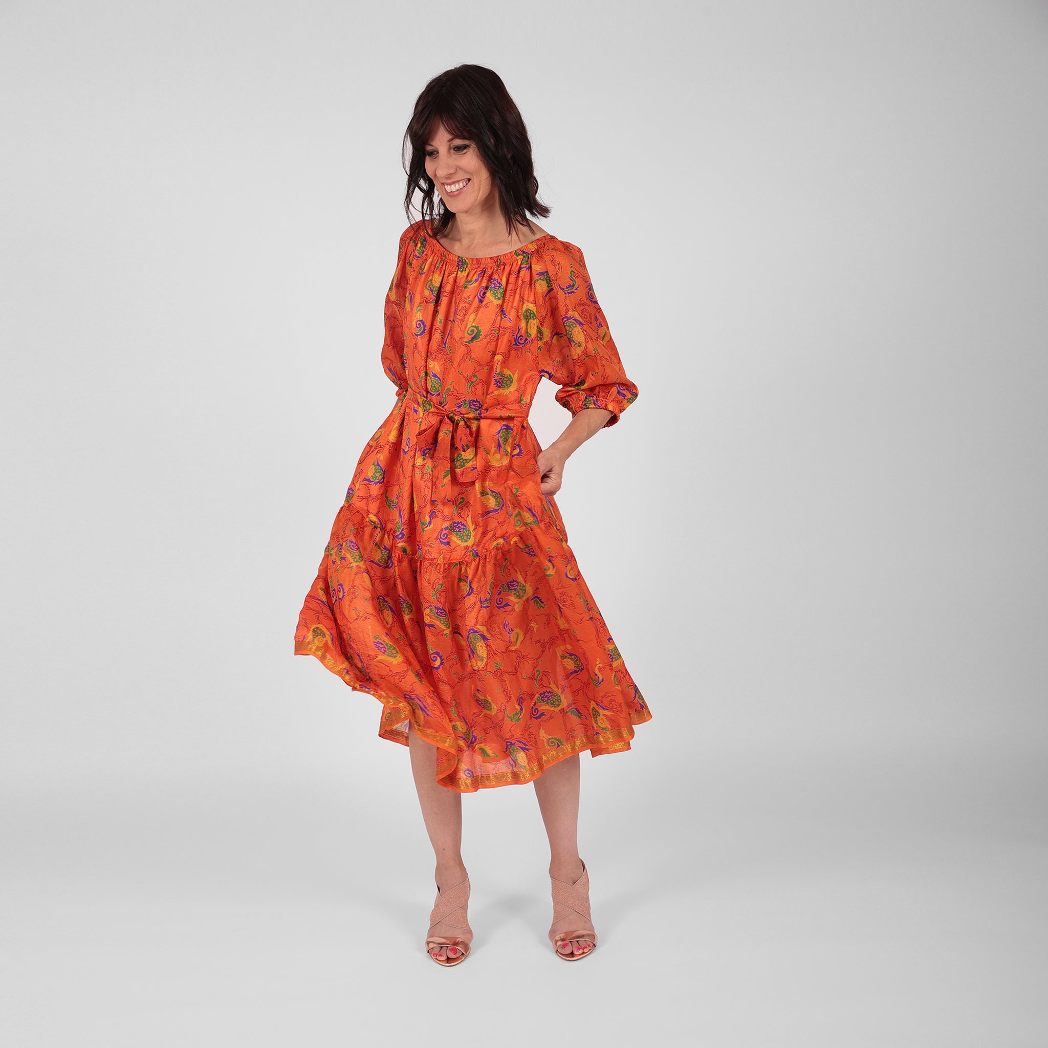 Ausus - Vintage Silk Sari Spritz Orange Abstract Floral Print Maxi Dress
