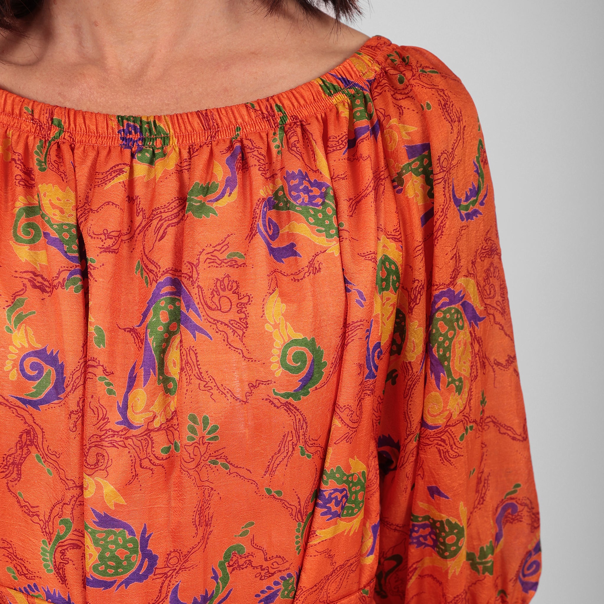 Ausus - Vintage Silk Sari Spritz Orange Abstract Floral Print Maxi Dress close up of print
