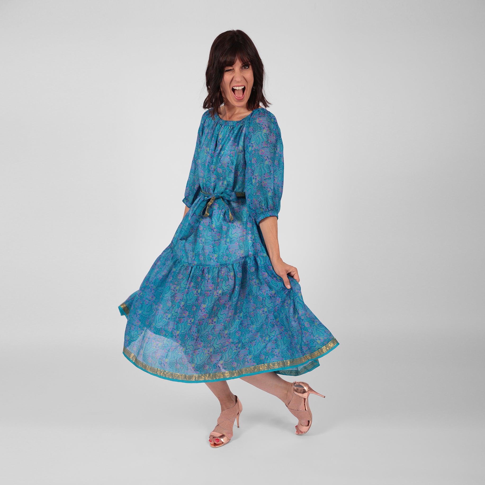 Ausus - Vintage Silk Sari Topaz Blue Maxi Dress