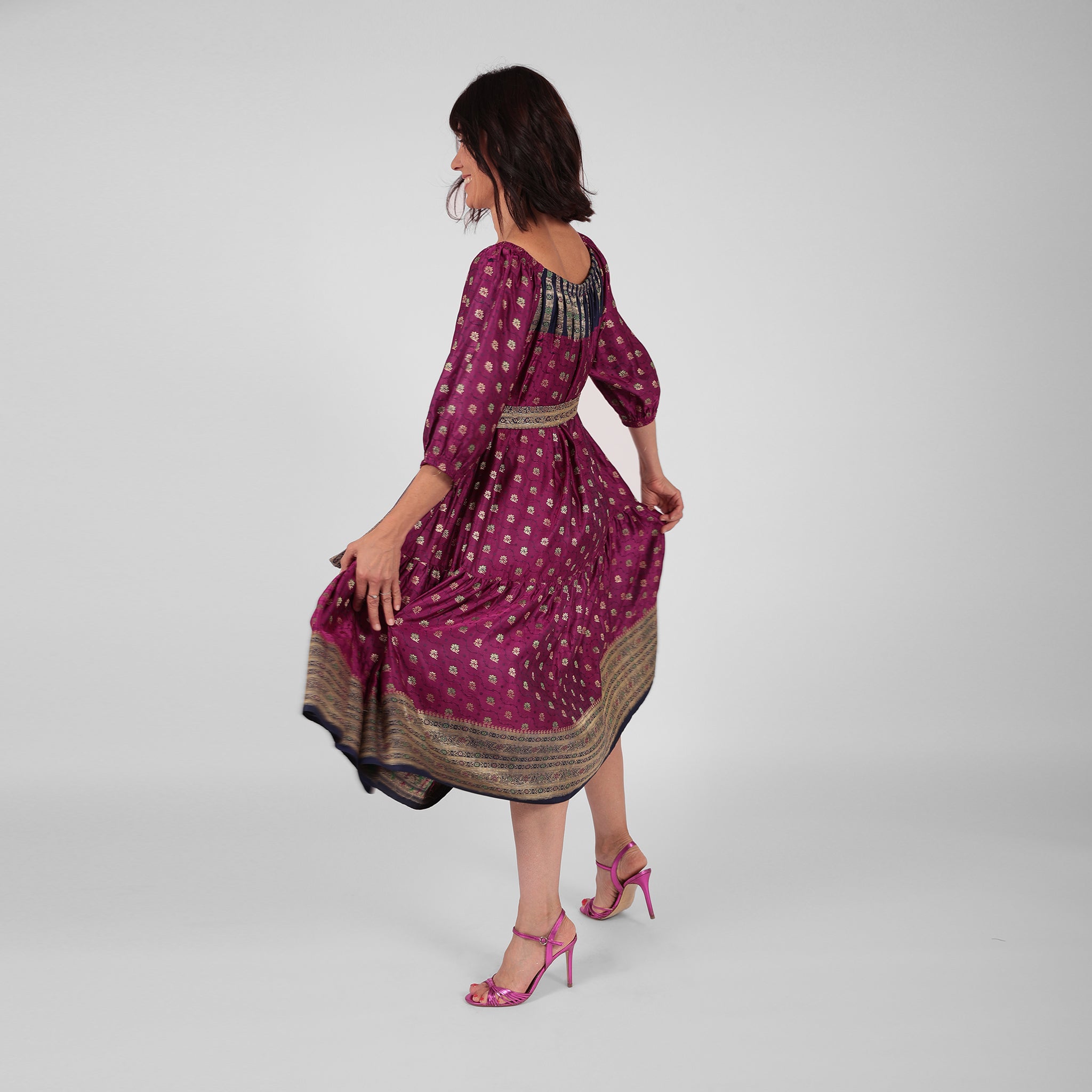 Ausus - Vintage Silk Sari Star Magenta Sari Dress