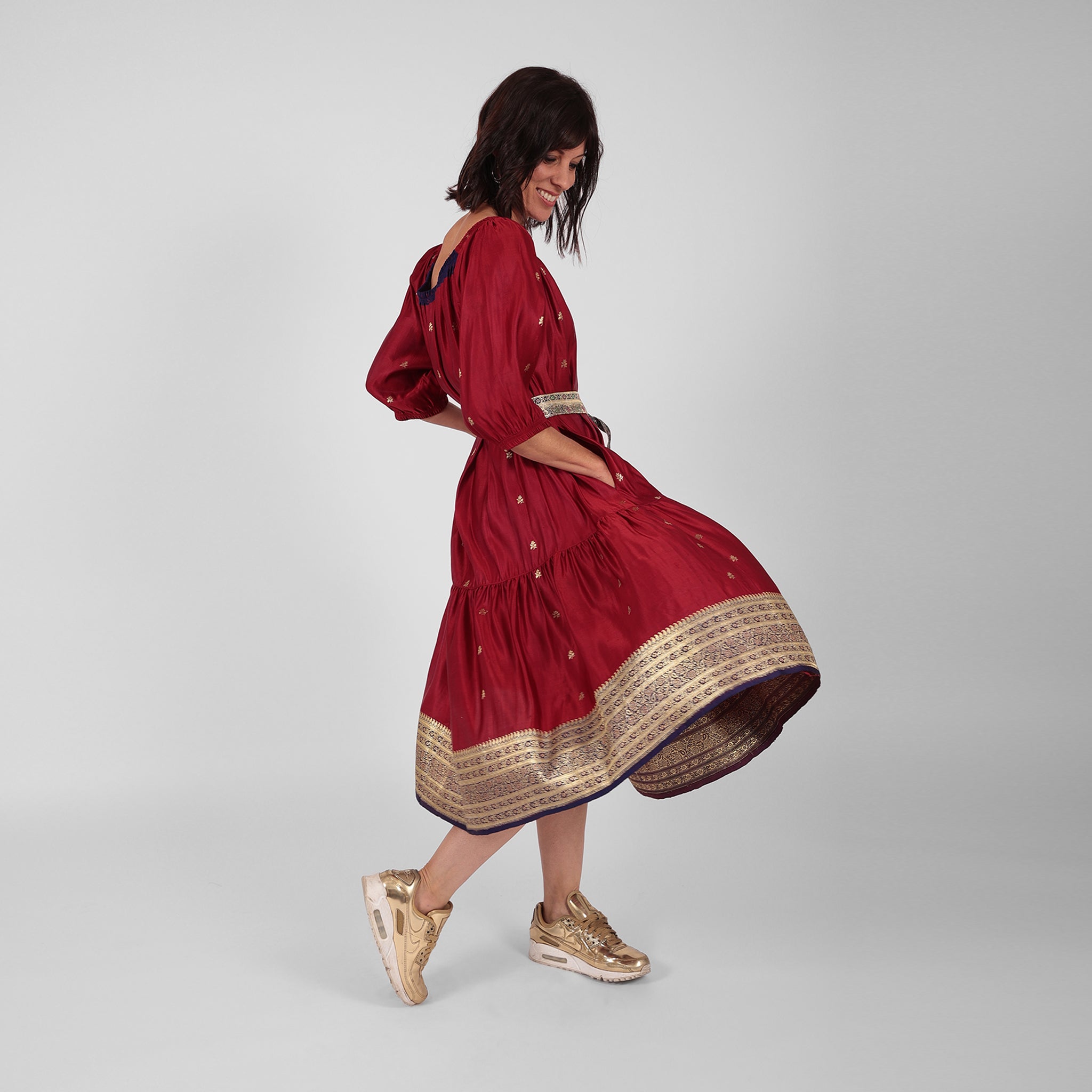 Ausus Ruby Red Vintage silk sari maxi dress