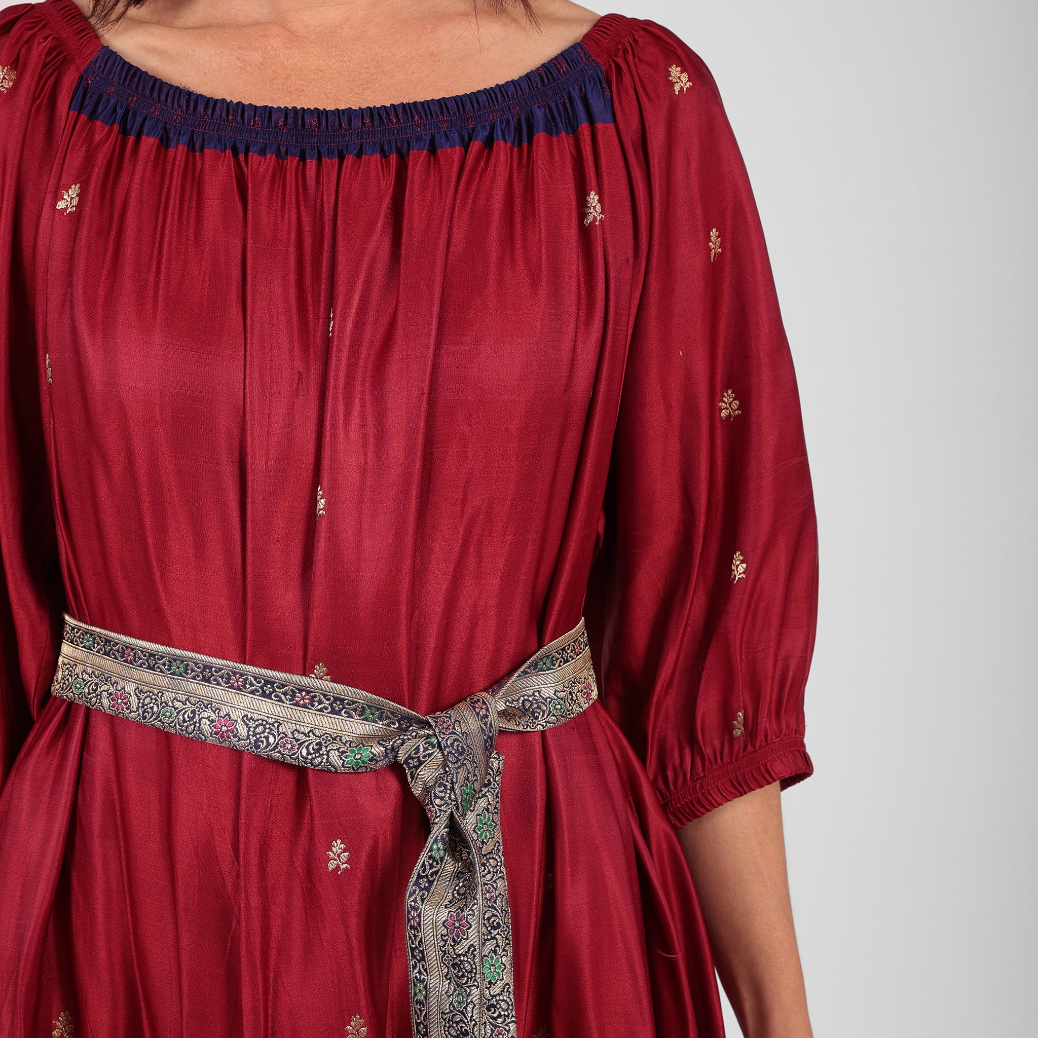 Ausus Ruby Red Vintage silk sari maxi dress close up
