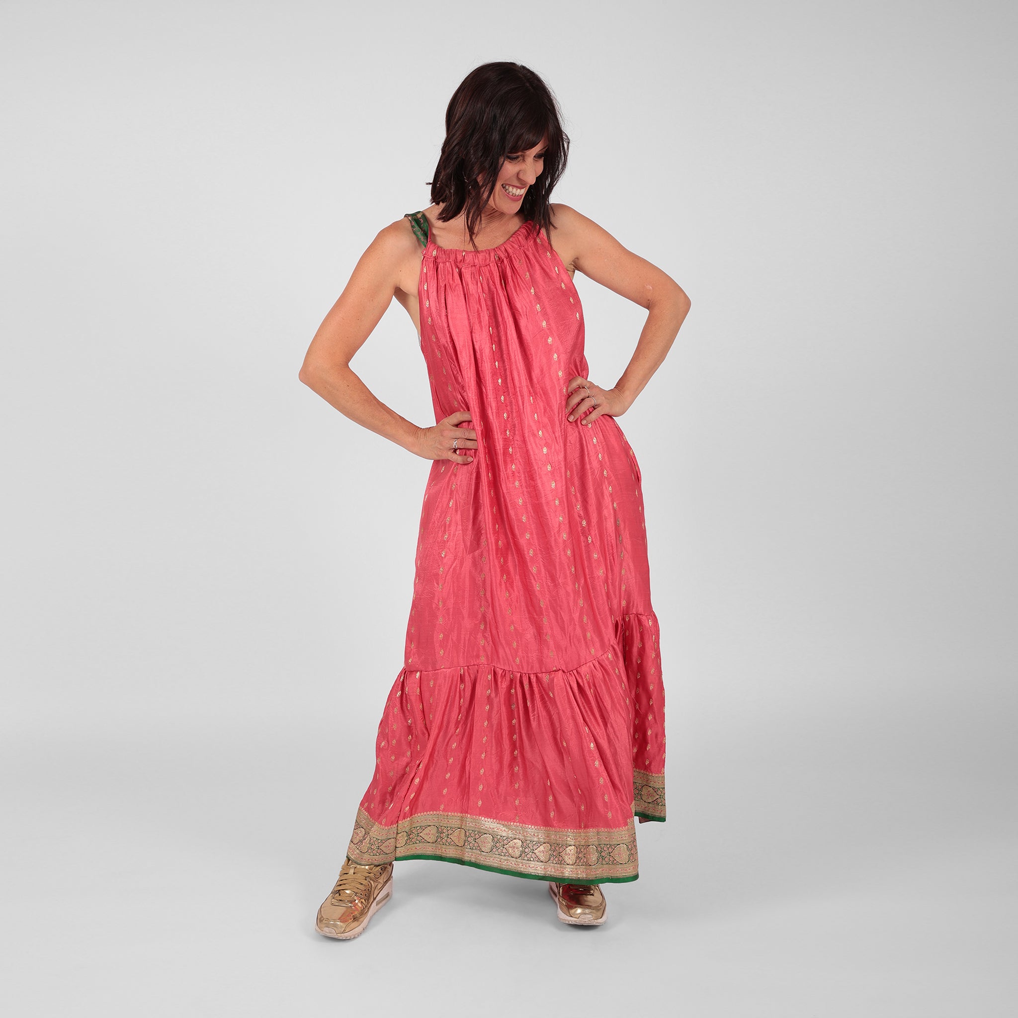 Roosa - Vintage Silk Sari Pink Diamond Maxi Dress