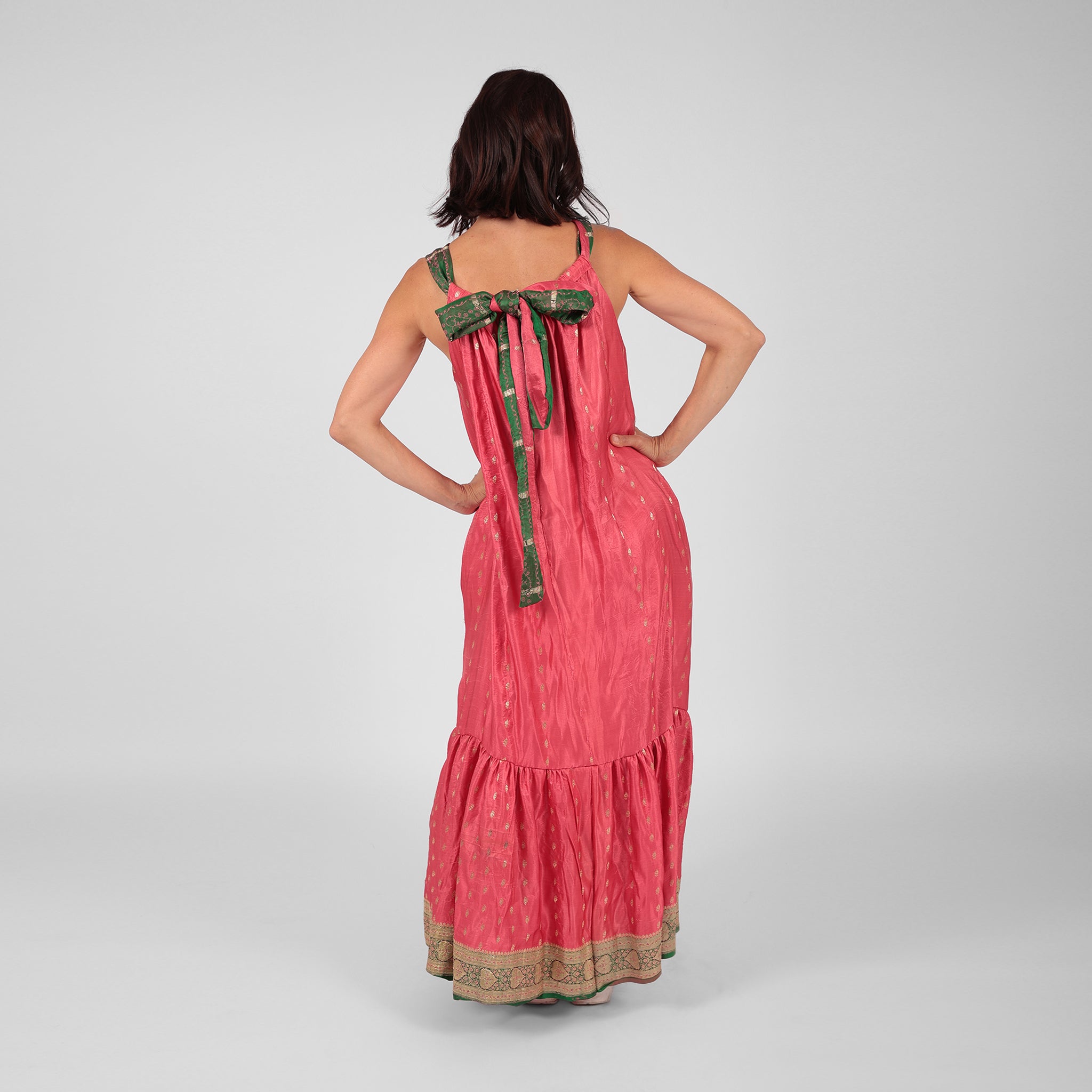 Roosa - Vintage Silk Sari Pink Diamond Maxi Dress back view with bow detail