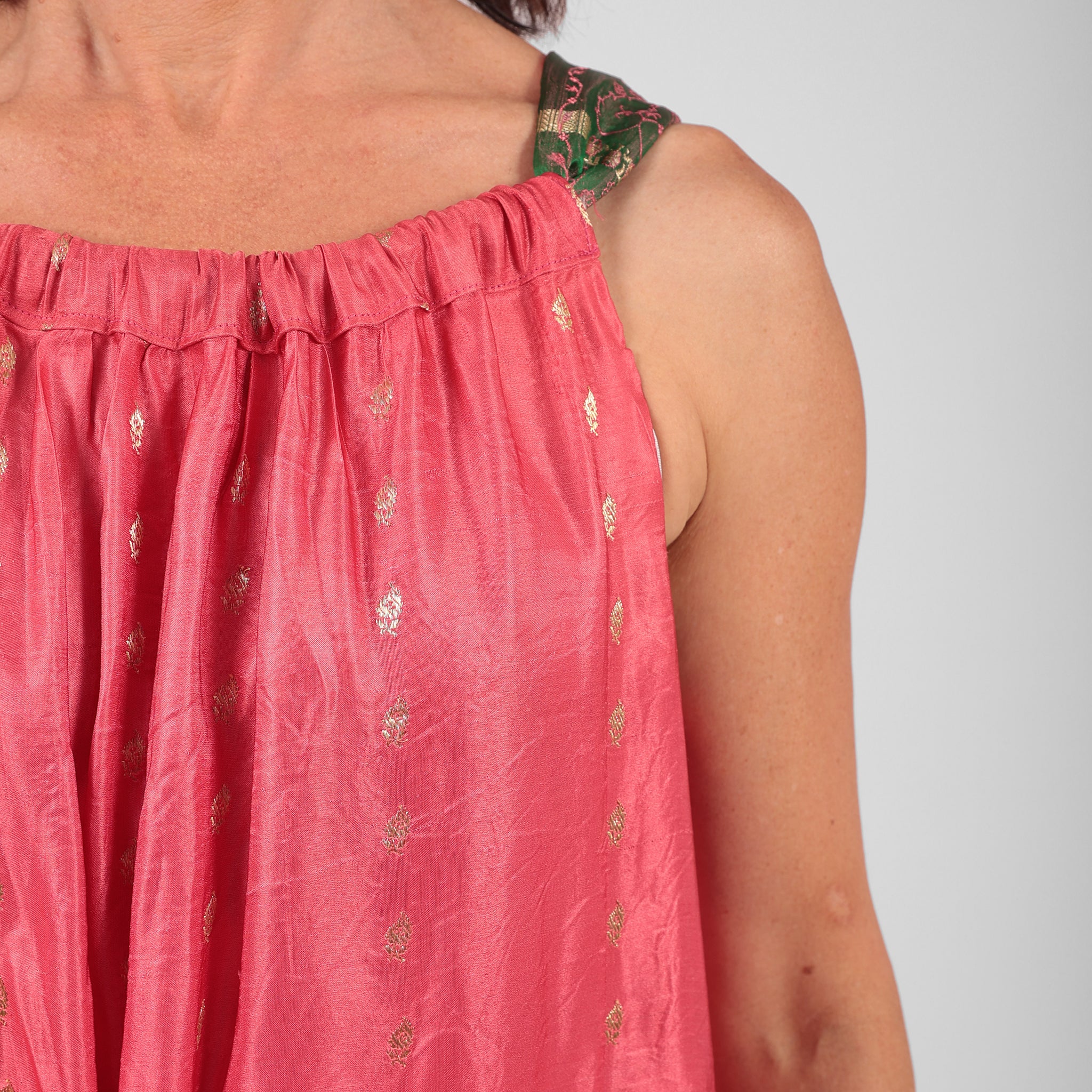 Roosa - Vintage Silk Sari Pink Diamond Maxi Dress close up