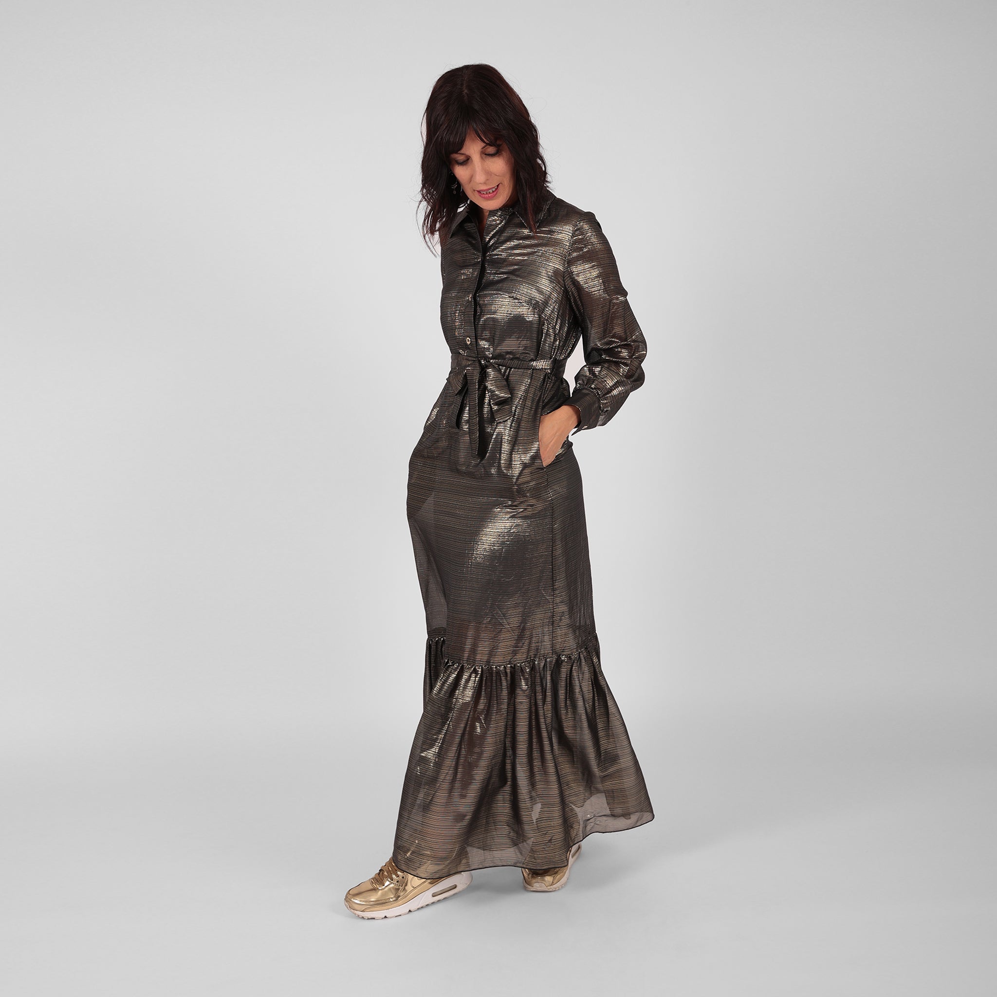 Ilu Long Sleeve Maxi Shirt Dress Gold