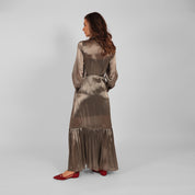 Nettie wears Ilu long sleeve maxi shirt dress in silver