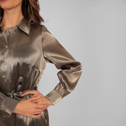 Nettie wears Ilu long sleeve maxi shirt dress in silver close up