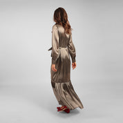 Nettie wears Ilu long sleeve maxi shirt dress in silver