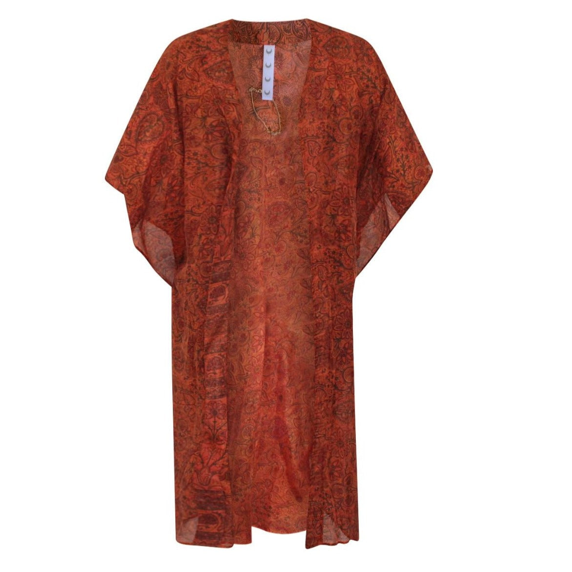 Neem - Vintage Silk Sari Ochre Paisley Print Kimono Style Wrap Dress flat shot