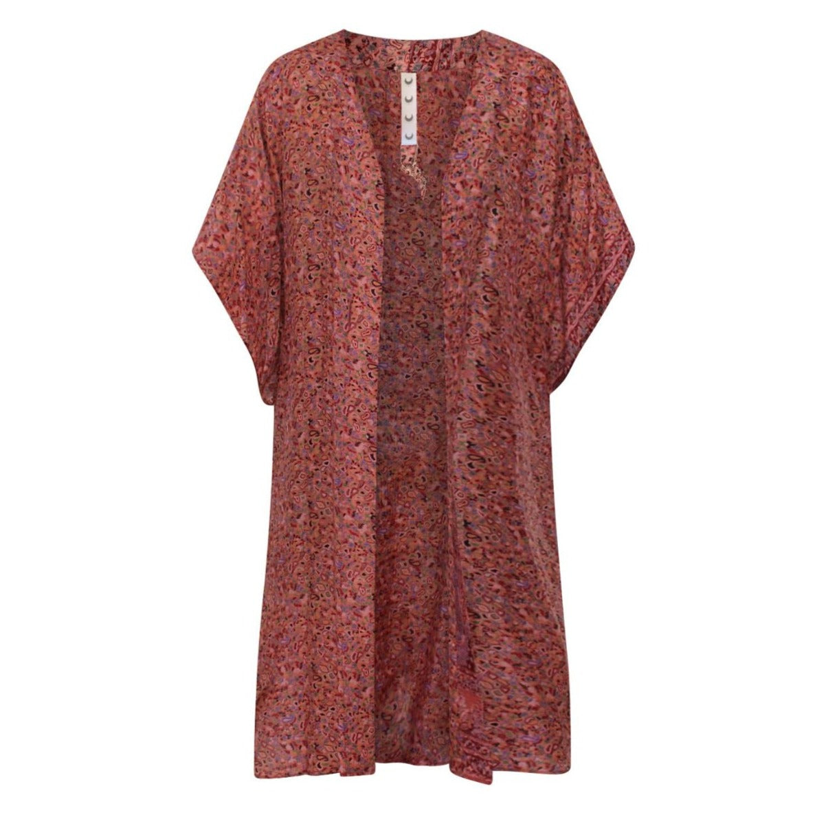 Neem - Vintage Silk Sari Saffron Paisley Print Kimono Style Wrap Dress flat shot front