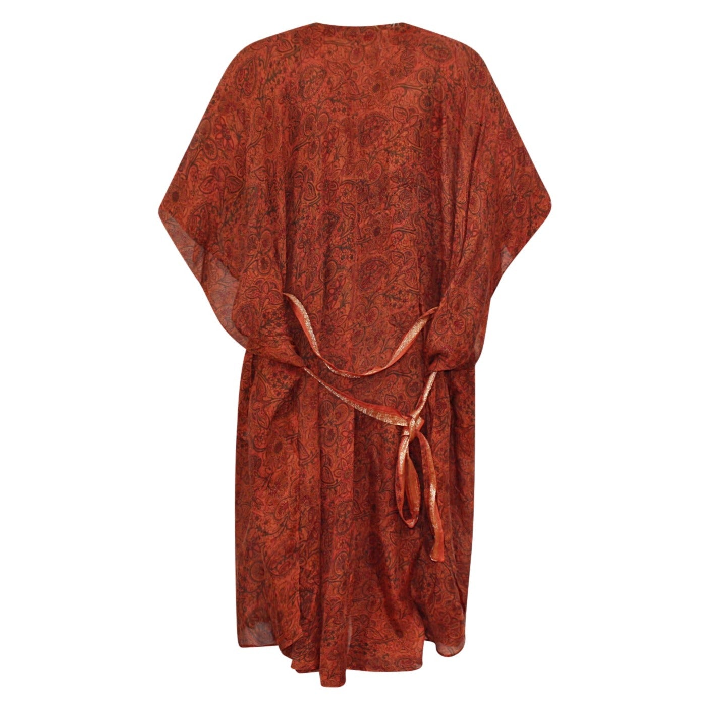 Neem - Vintage Silk Sari Ochre Paisley Print Kimono Style Wrap Dress