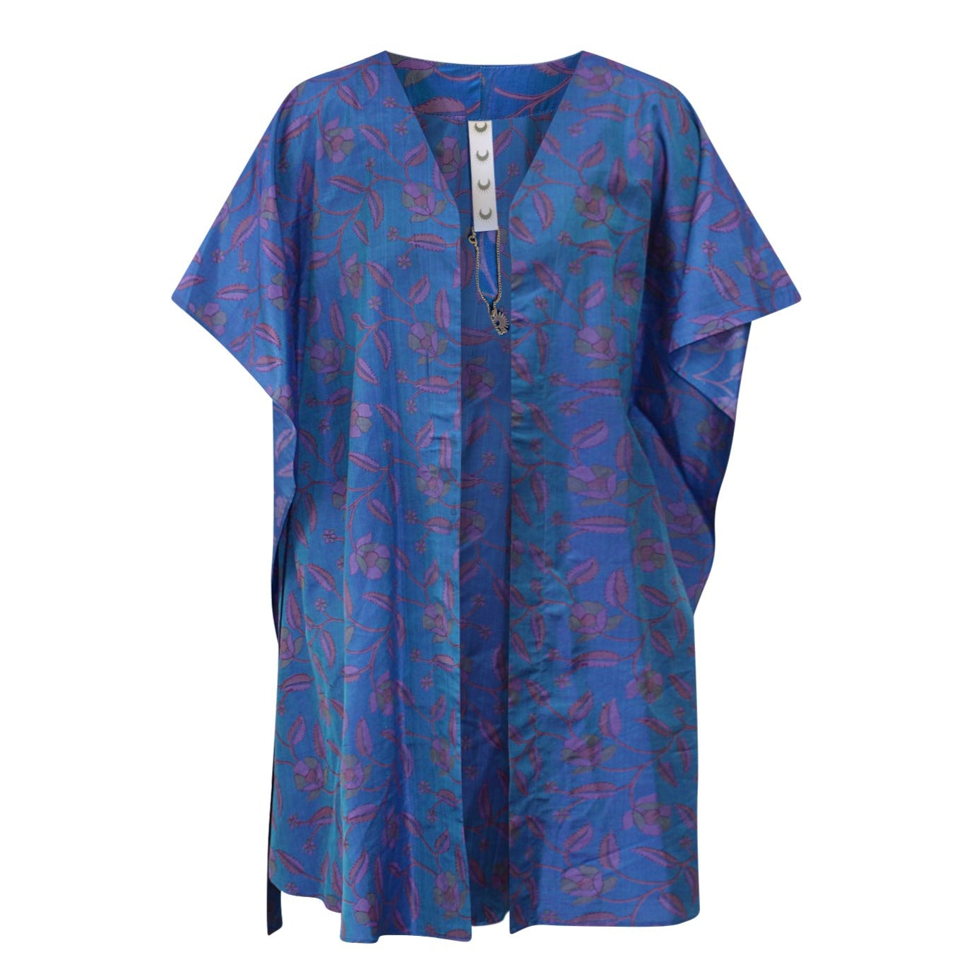 Neem - Vintage Silk Sari Indigo Blue Floral Print Kimono Style Wrap Dress front flat shot