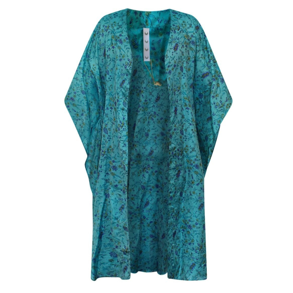 Neem - Vintage Silk Sari Aquamarine Floral Kimono Style Wrap Dress flat shot front