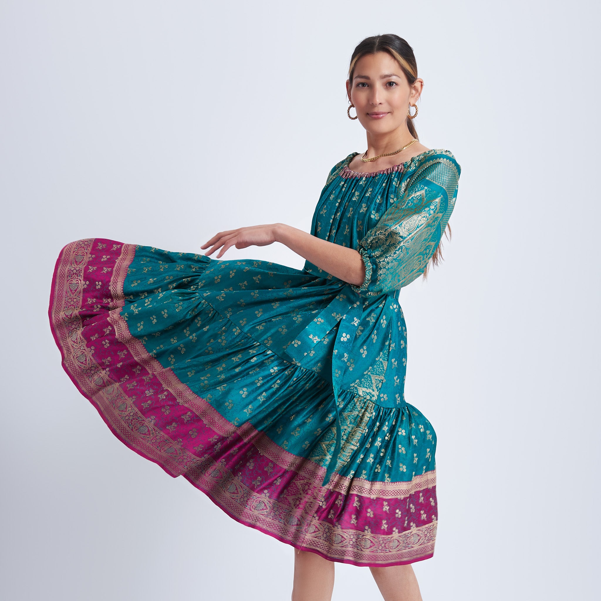 Ausus - Vintage Silk Sari Sapphire Green Maxi Dress