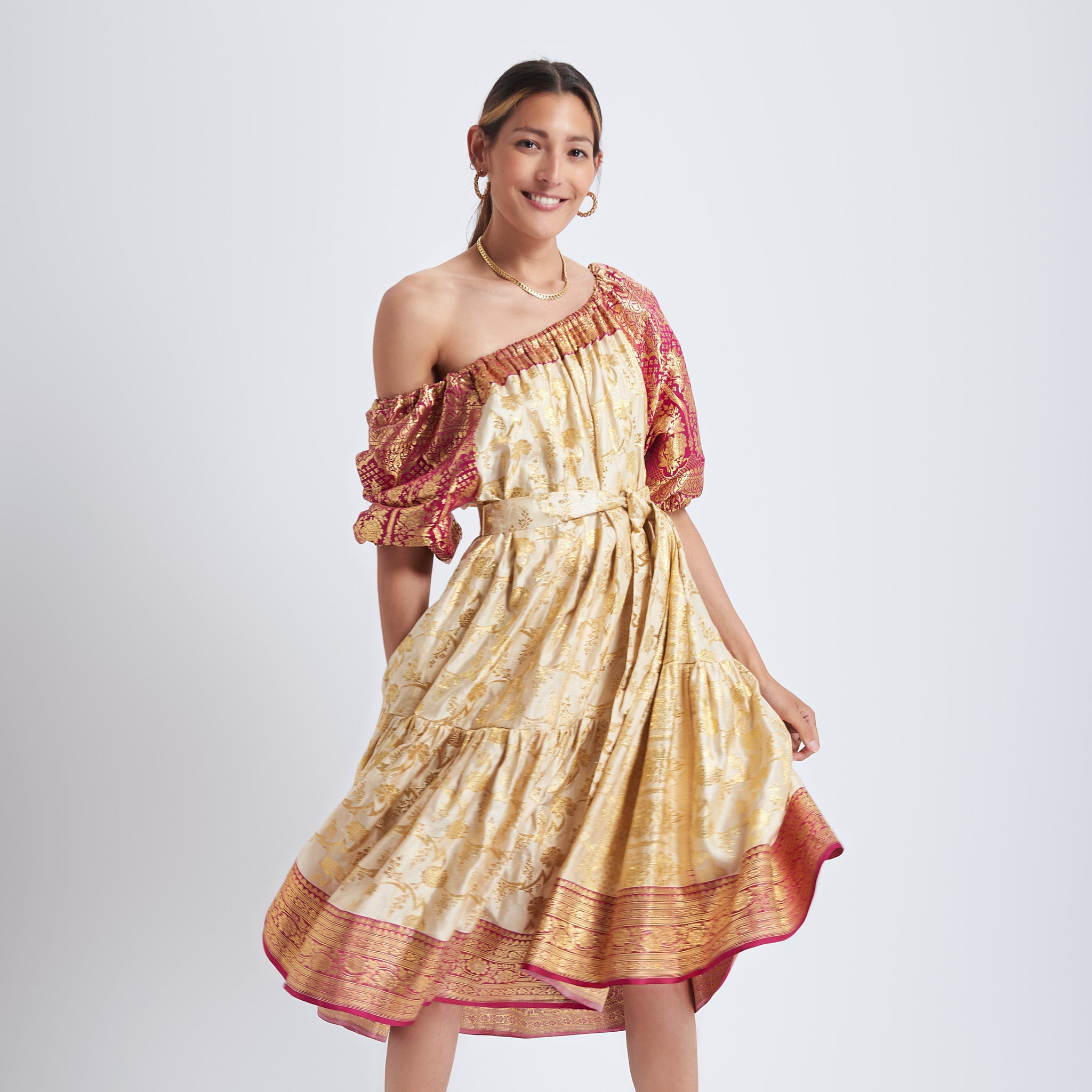 Ausus - Vintage Silk Sari Celestial Gold Sari Dress