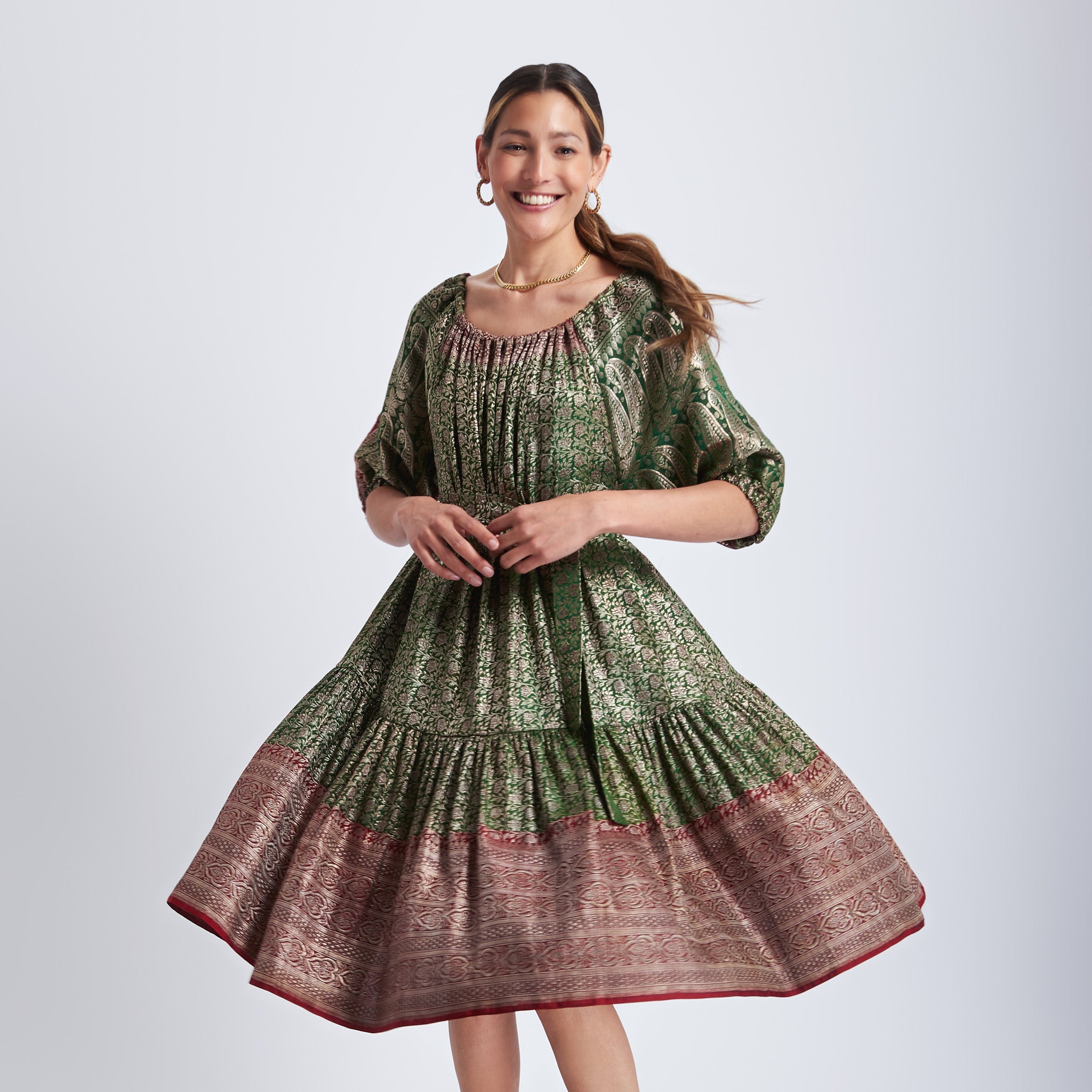 Ausus - Vintage Silk Sari Peridot Green Maxi Dress