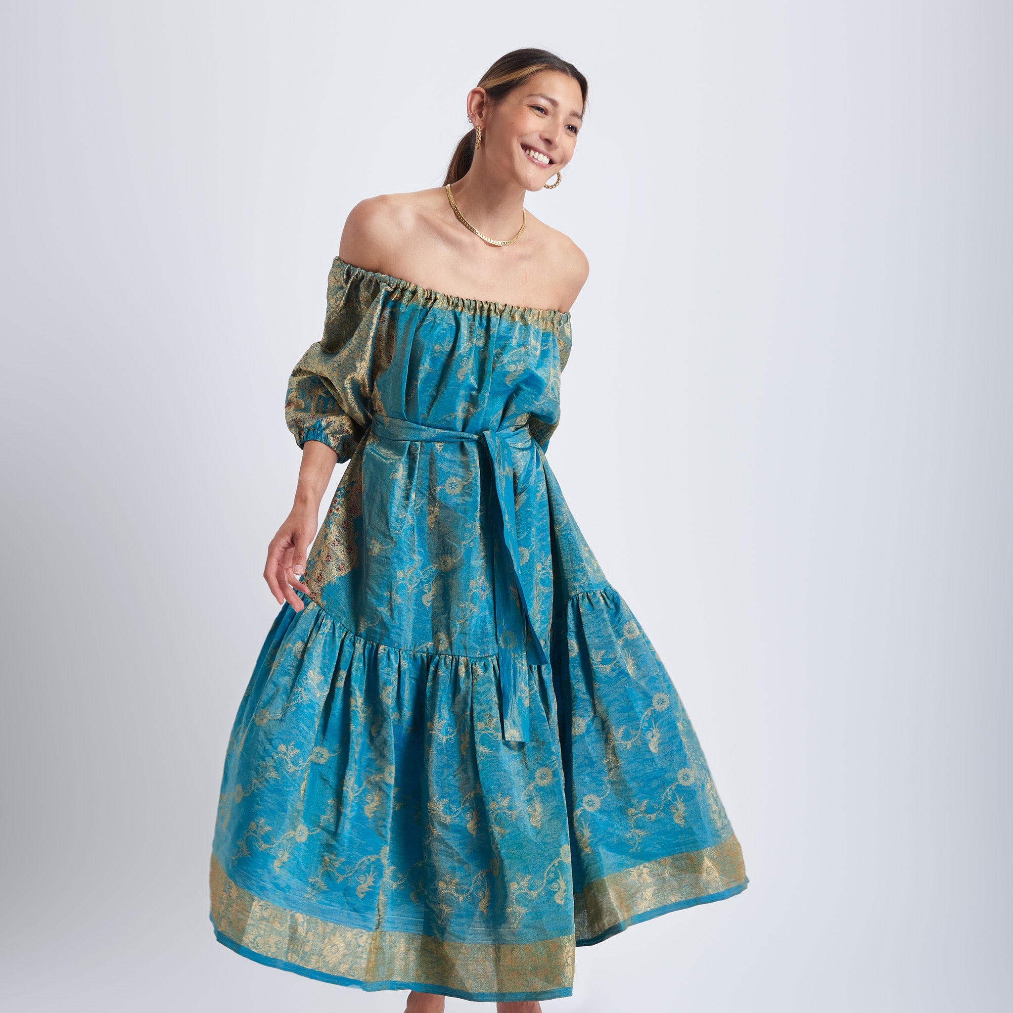 Ausus - Vintage Silk Sari Aquamarine Blue Maxi Dress