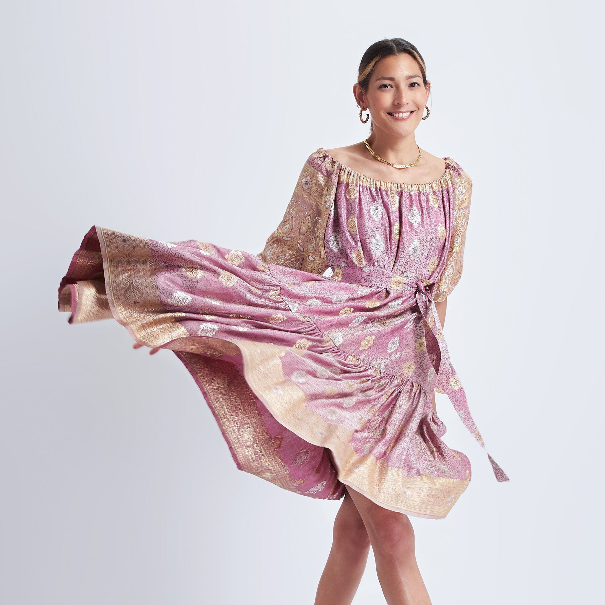 Ausus - Vintage Silk Sari Rose Quartz Pink Maxi Dress