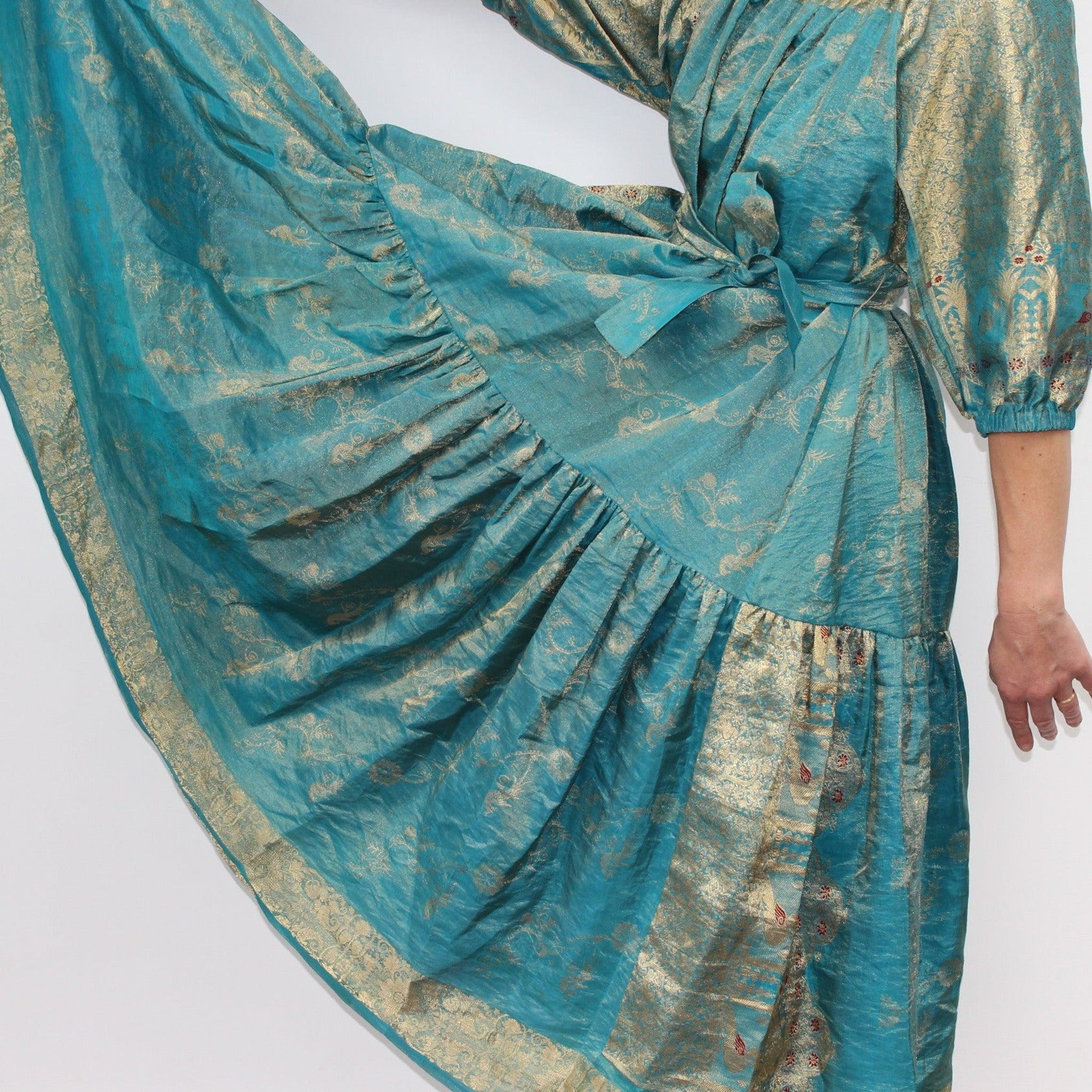 Ausus - Vintage Silk Sari Aquamarine Blue Maxi Dress close