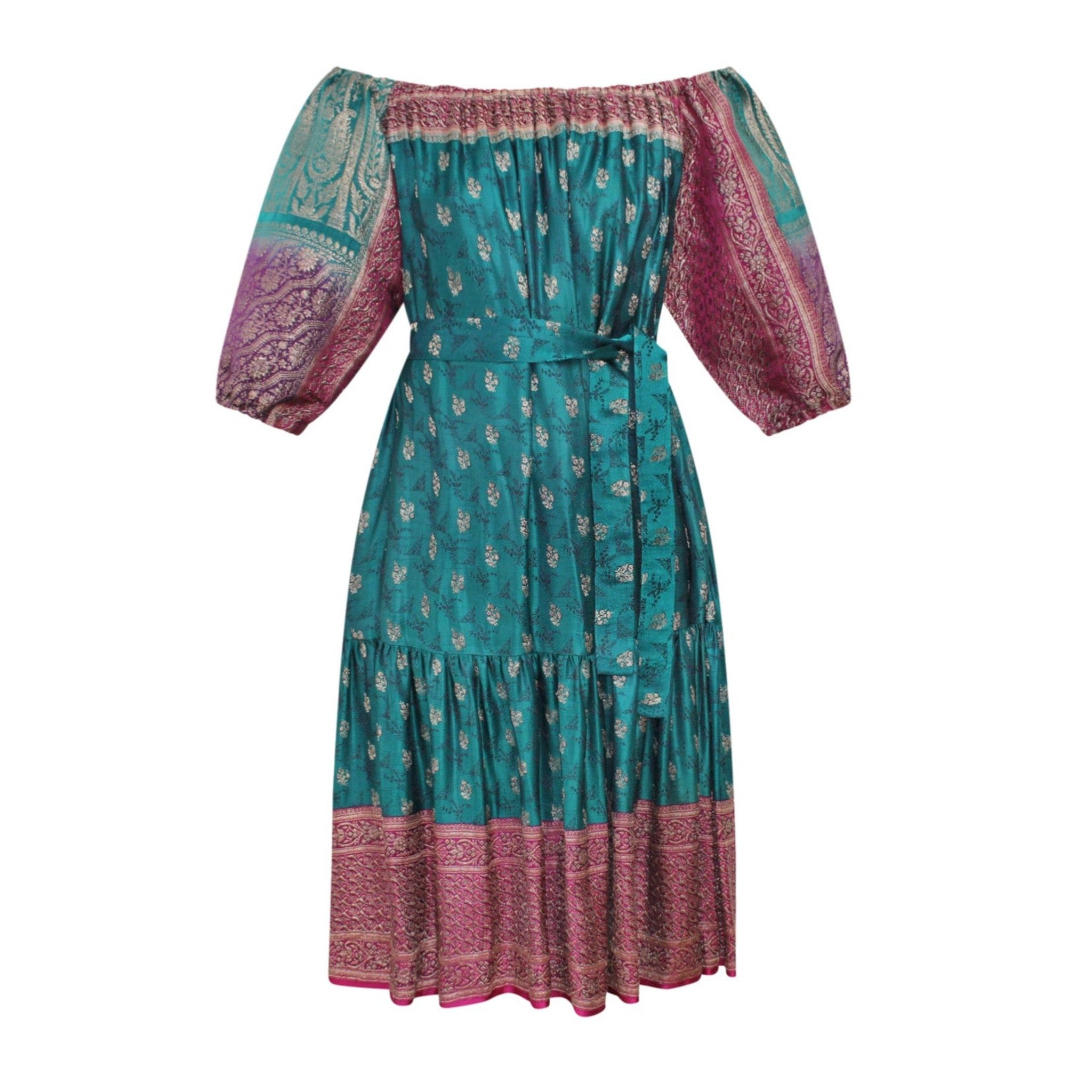 Ausus - Vintage Silk Sari Sapphire Green Maxi Dress flat shot