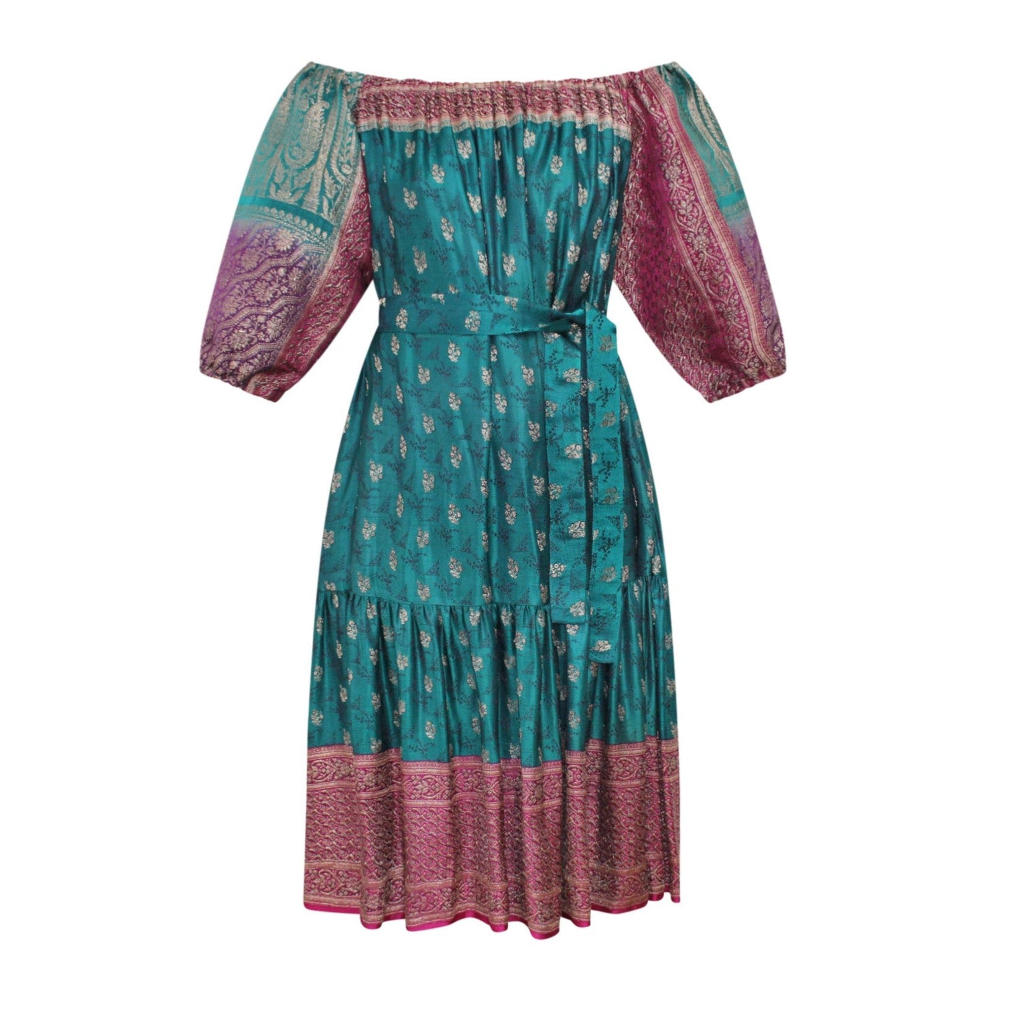 Ausus - Vintage Silk Sari Sapphire Green Maxi Dress flat shot