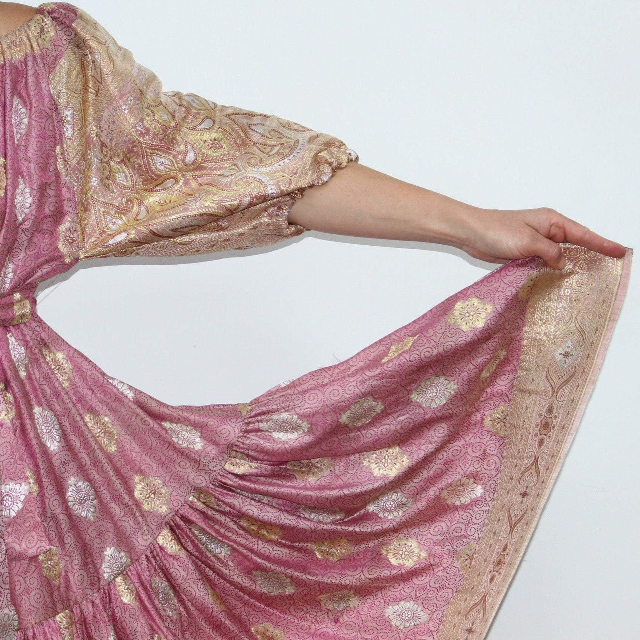 Ausus - Vintage Silk Sari Rose Quartz Pink Maxi Dress close up