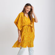 Neem - Vintage Silk Sari Tumeric Geo Print Kimono Style Wrap Dress