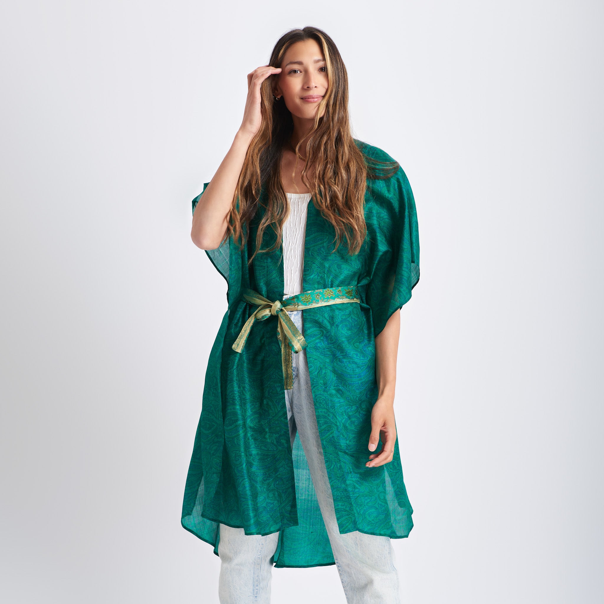 Neem - Vintage Silk Sari Emerald Paisley Print Kimono Style  Wrap Dress