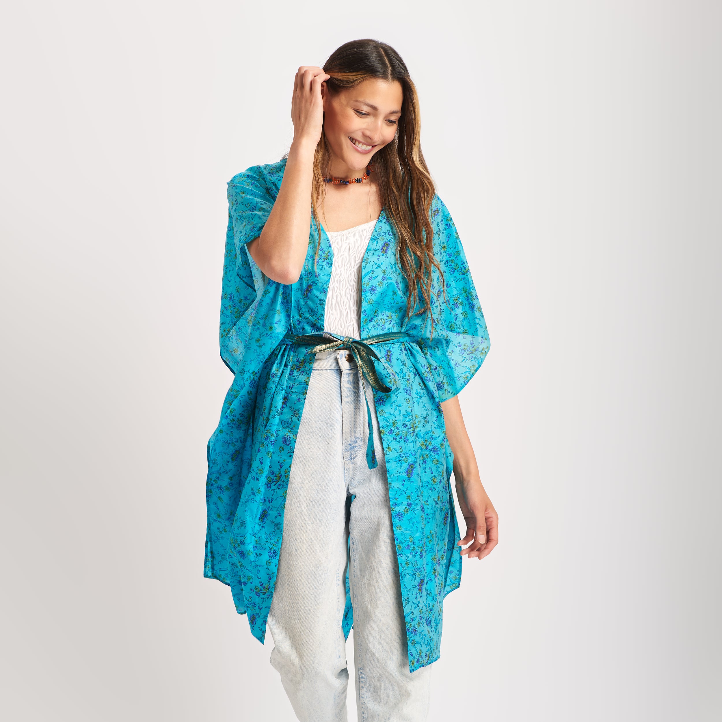 Neem - Vintage Silk Sari Aquamarine Floral Kimono Style Wrap Dress