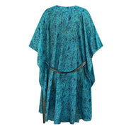 Neem - Vintage Silk Sari Aquamarine Floral Kimono Style Wrap Dress flat shot back