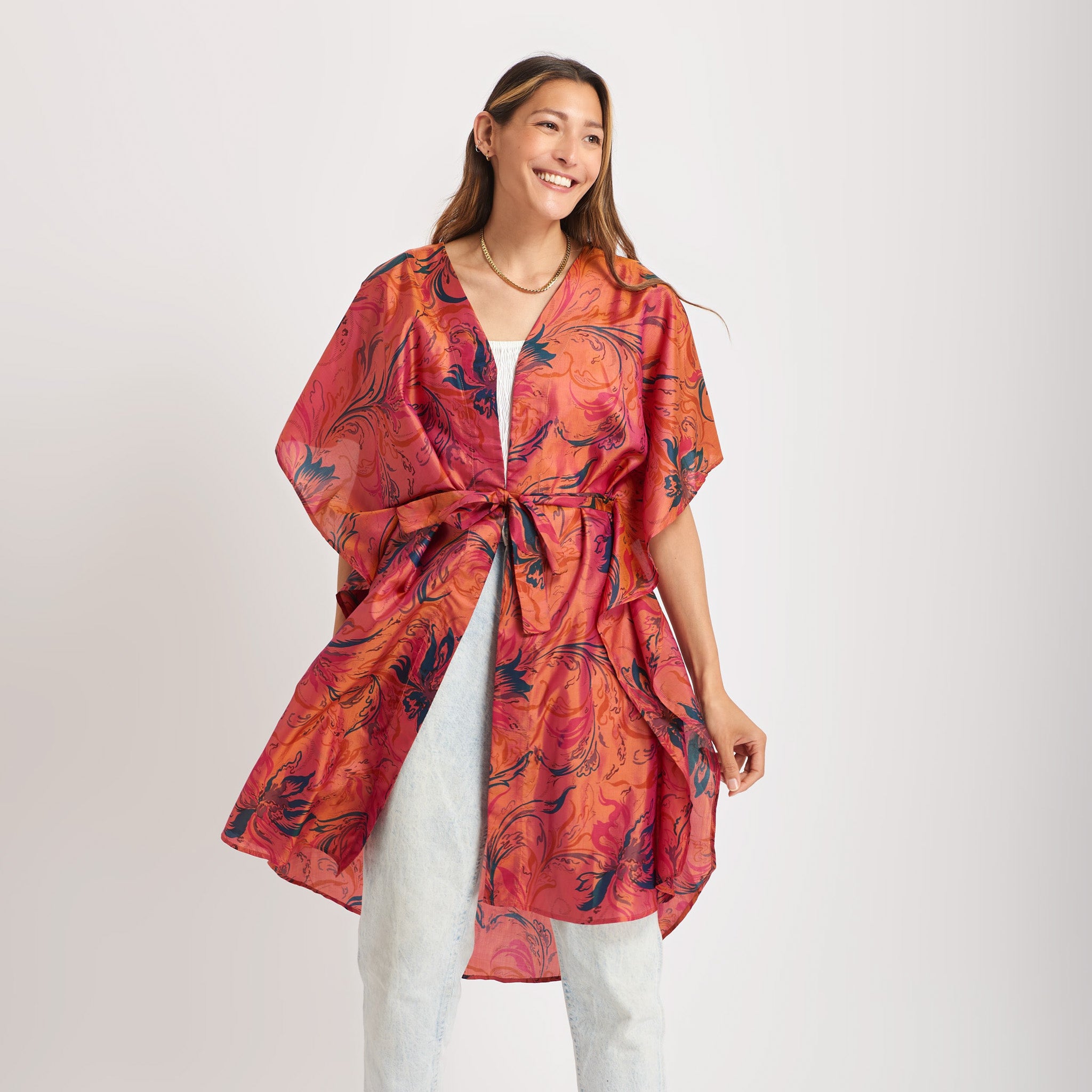 Neem - Vintage Silk Sari Celestial Pink Floral Kimono Style Wrap Dress