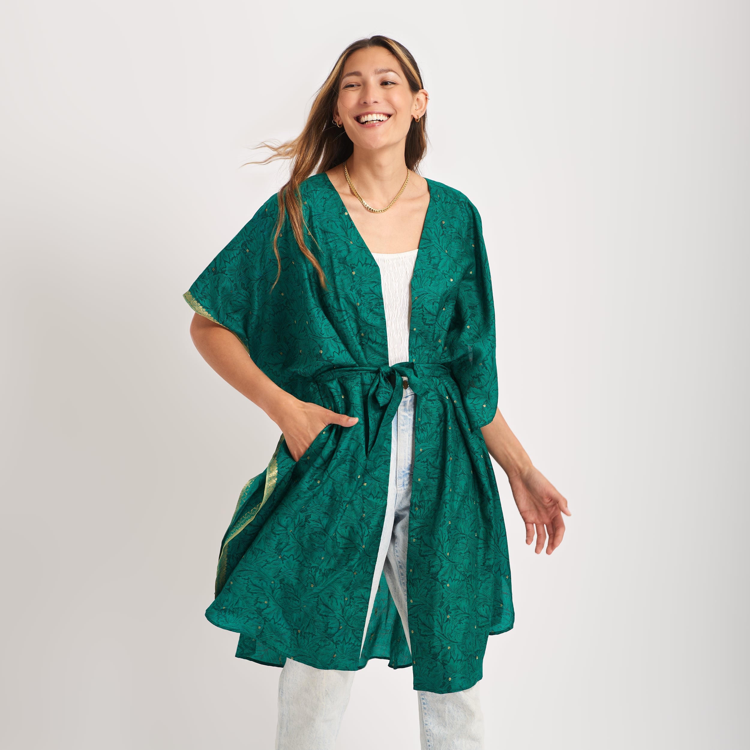 Neem - Vintage Silk Sari Emerald Green Floral Kimono Style Wrap Dress
