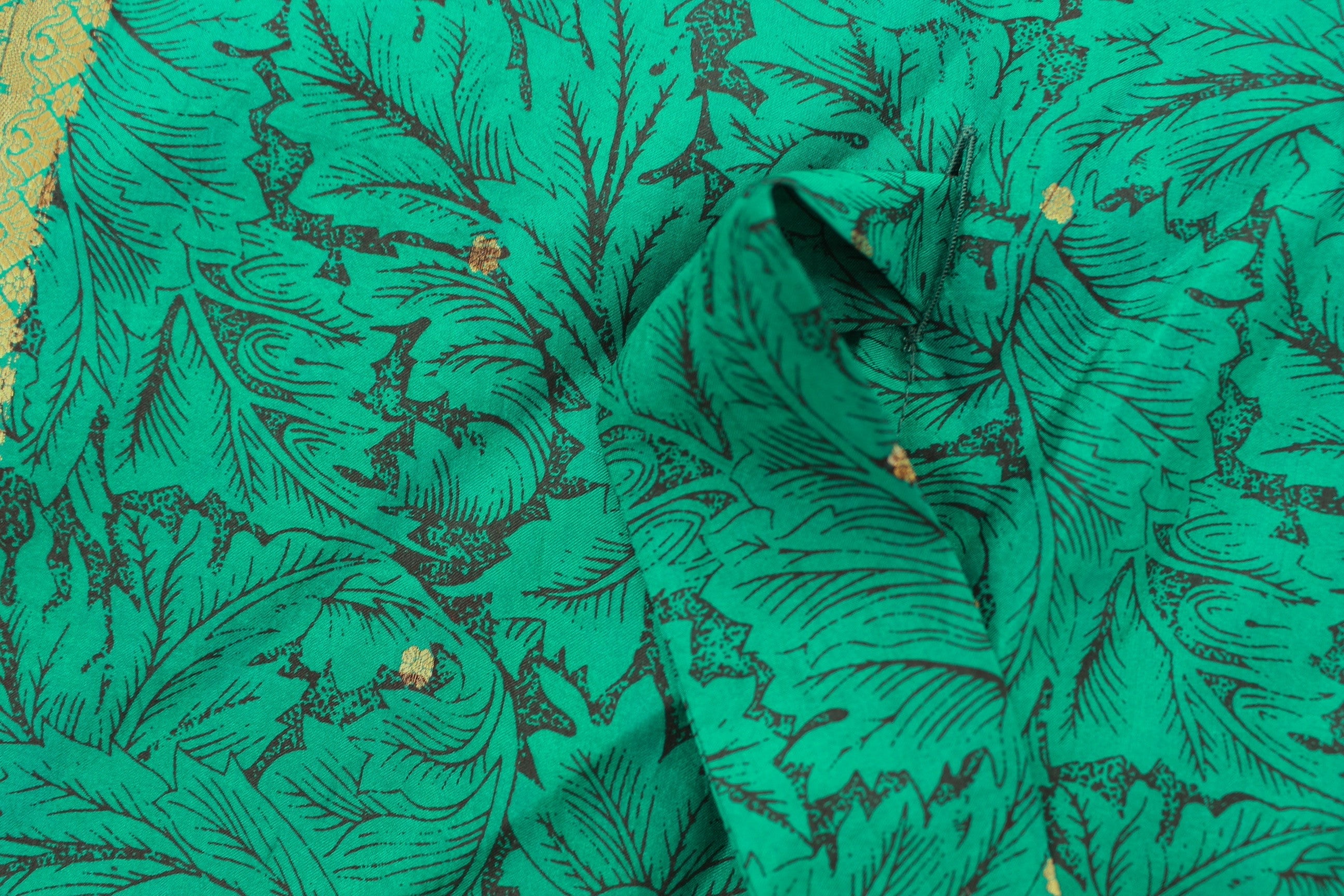 Neem - Vintage Silk Sari Emerald Green Floral Kimono Style Wrap Dress close up