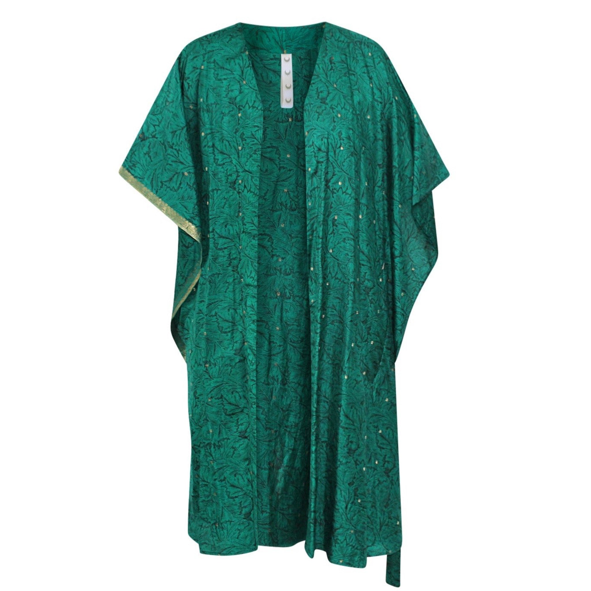 Neem - Vintage Silk Sari Emerald Green Floral Kimono Style Wrap Dress flat shot