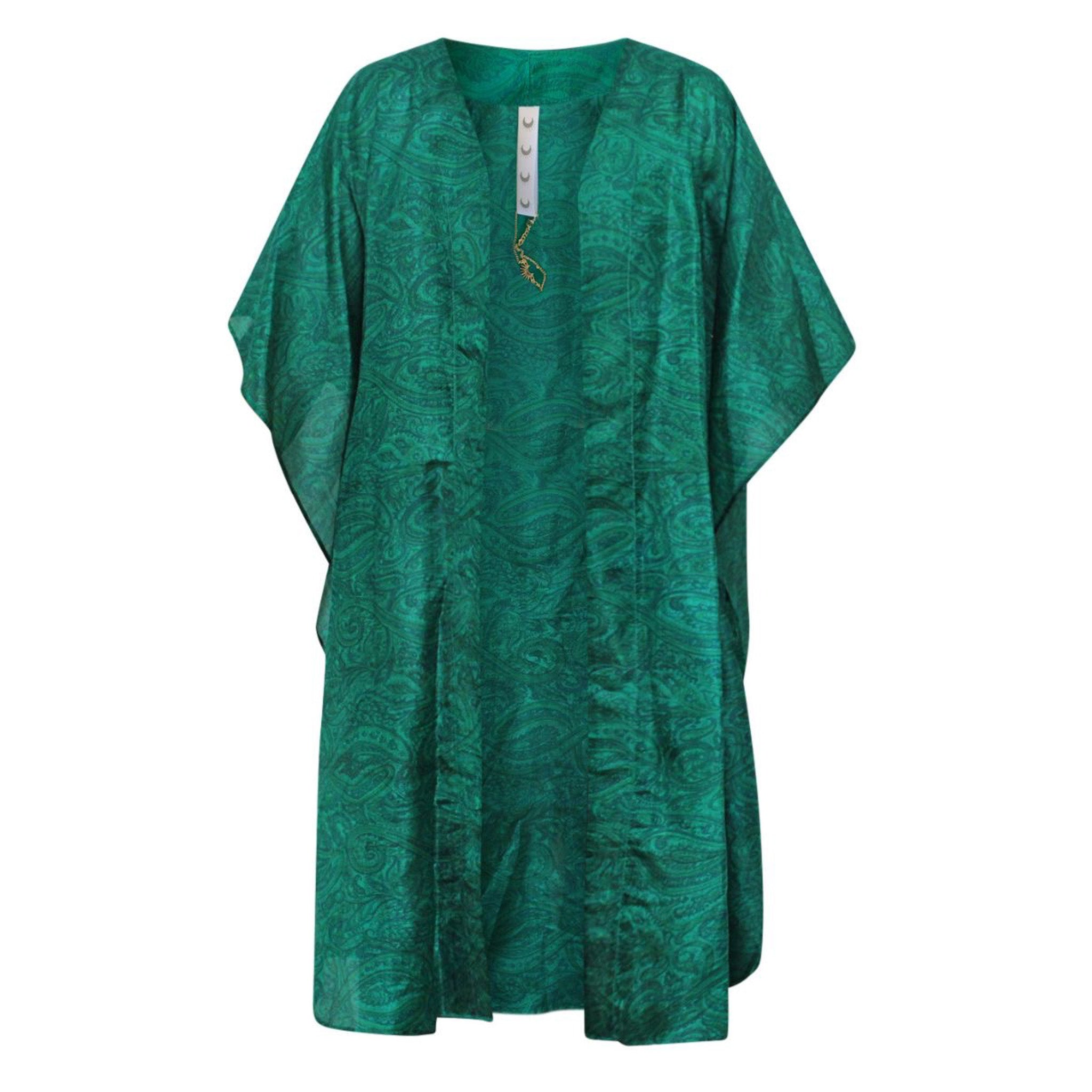 Neem - Vintage Silk Sari Emerald Paisley Print Kimono Style  Wrap Dress flat shot